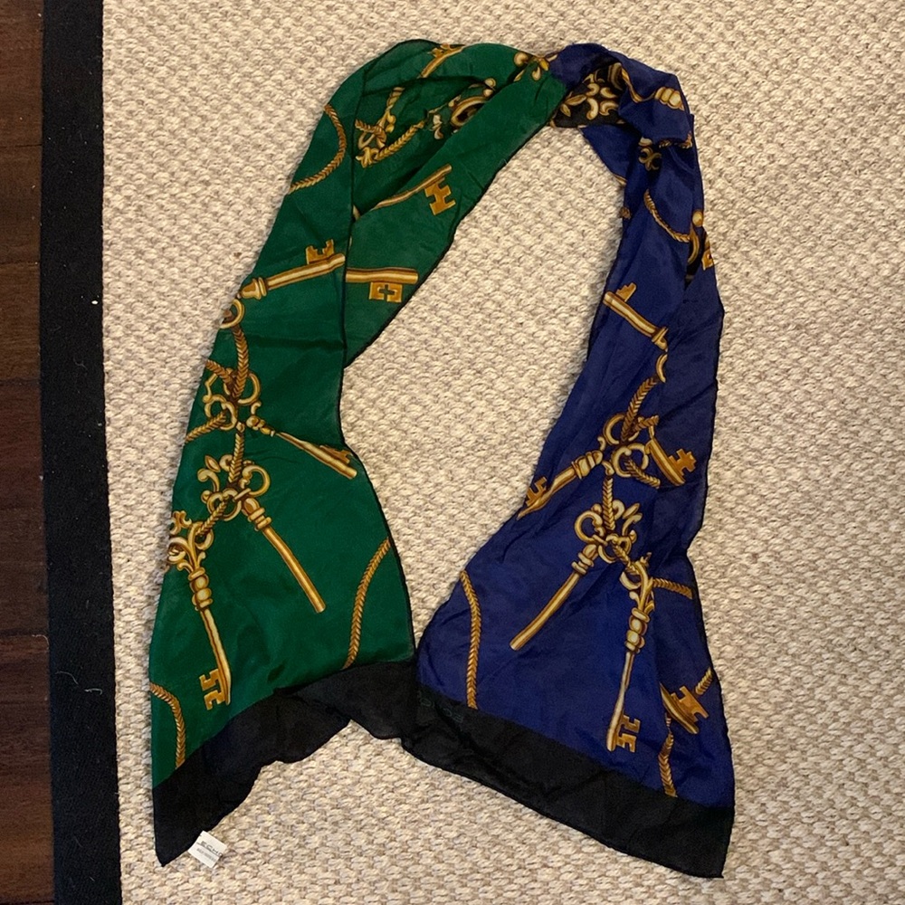 ECHO Blue, Green and Gold Key and Chain Print Silk Scarf 🧣 EUC